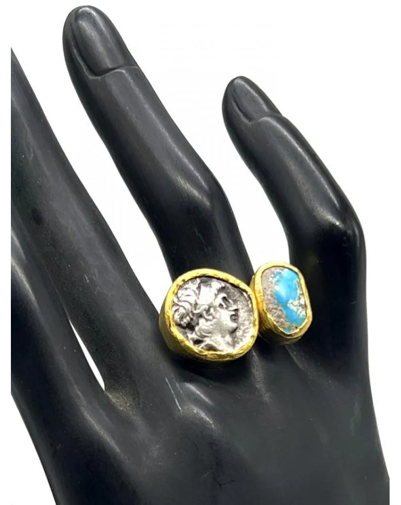 ANILLOS DE MUJER CON MONEDA ANTIGUA Y PIEDRA TURQUESA AZUL