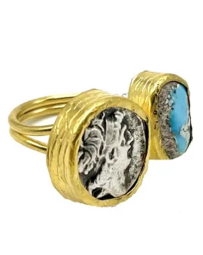 ANILLOS DE MUJER CON MONEDA ANTIGUA Y PIEDRA TURQUESA AZUL