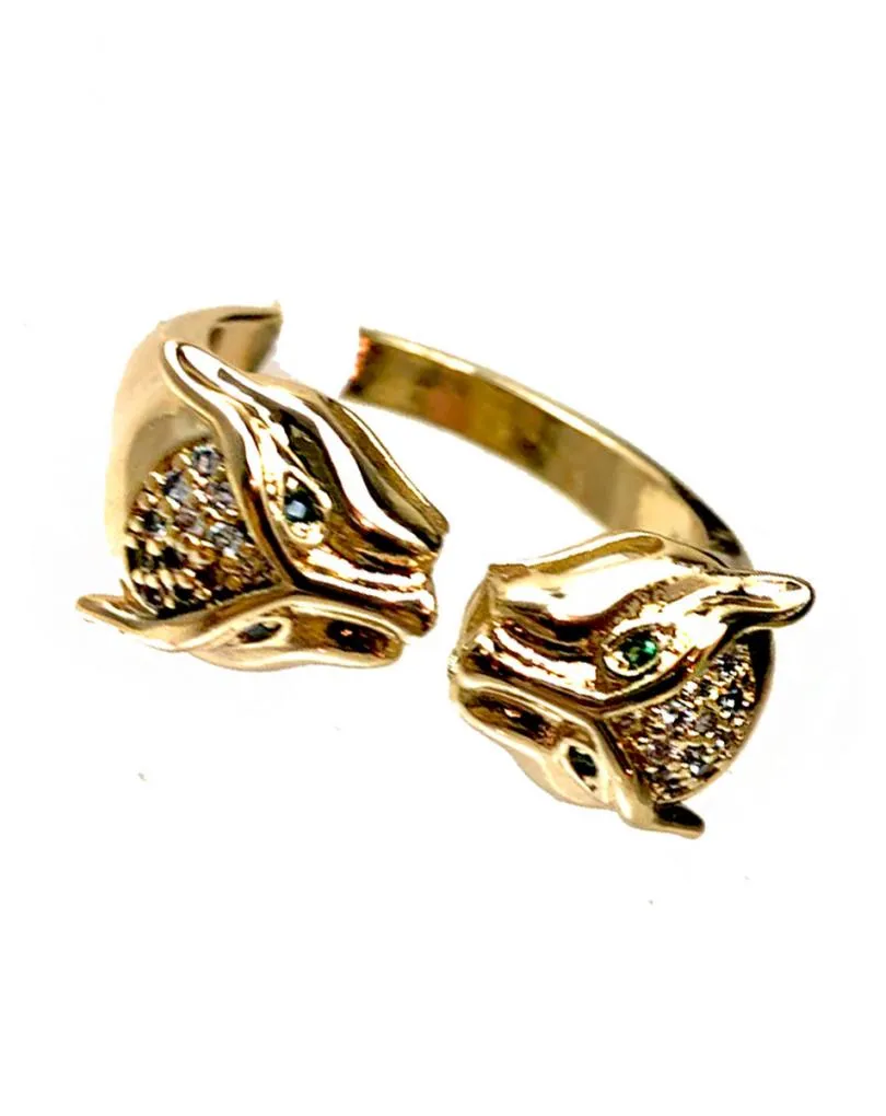 ANILLOS DORADOS DE MUJER CON DOBLE CABEZA FELINA