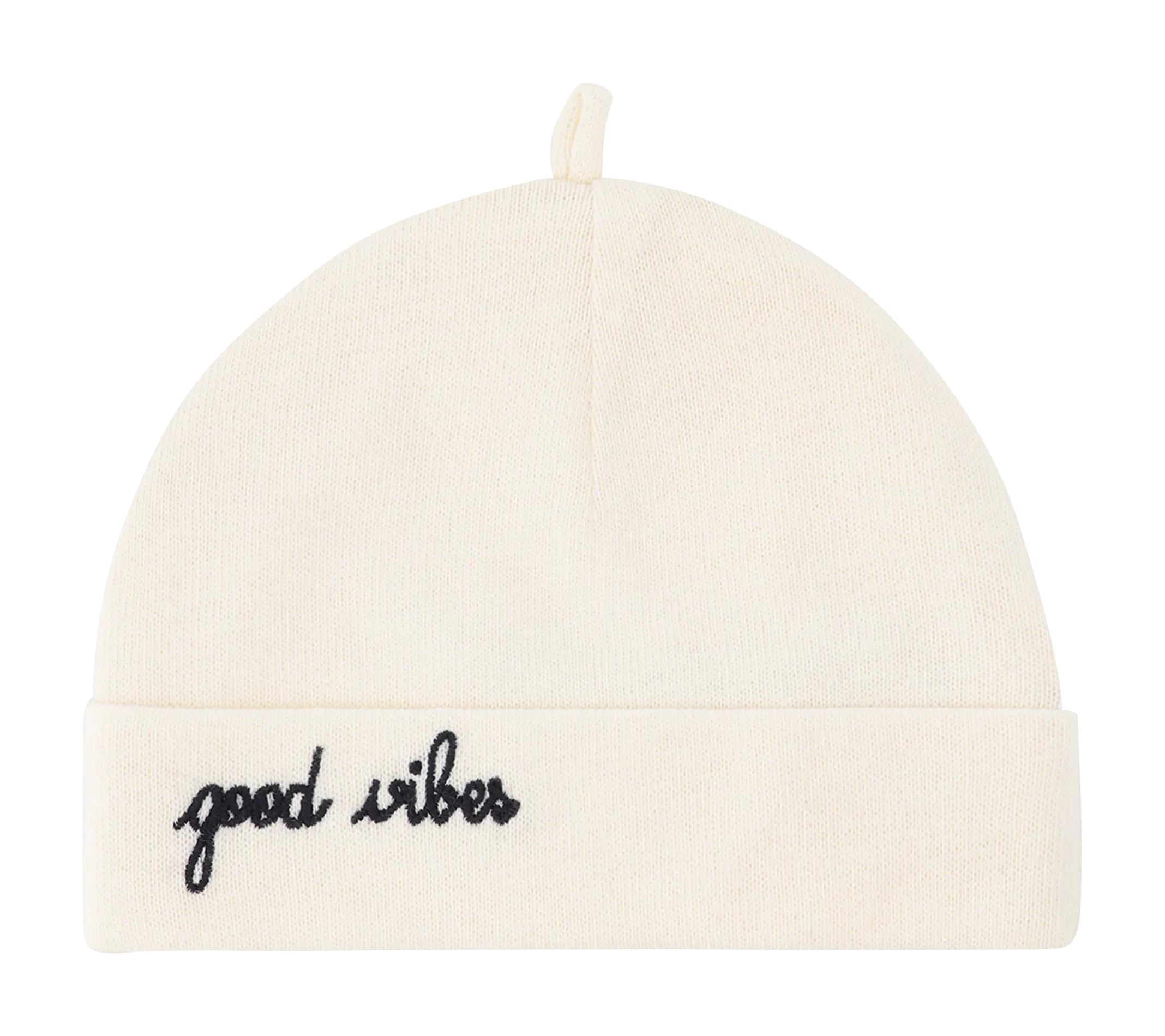 BIRTH BEANIE CHAUMONT GOOD VIBES - Gorro de nacimiento de algodón orgánico con bordado good vibes en blanco