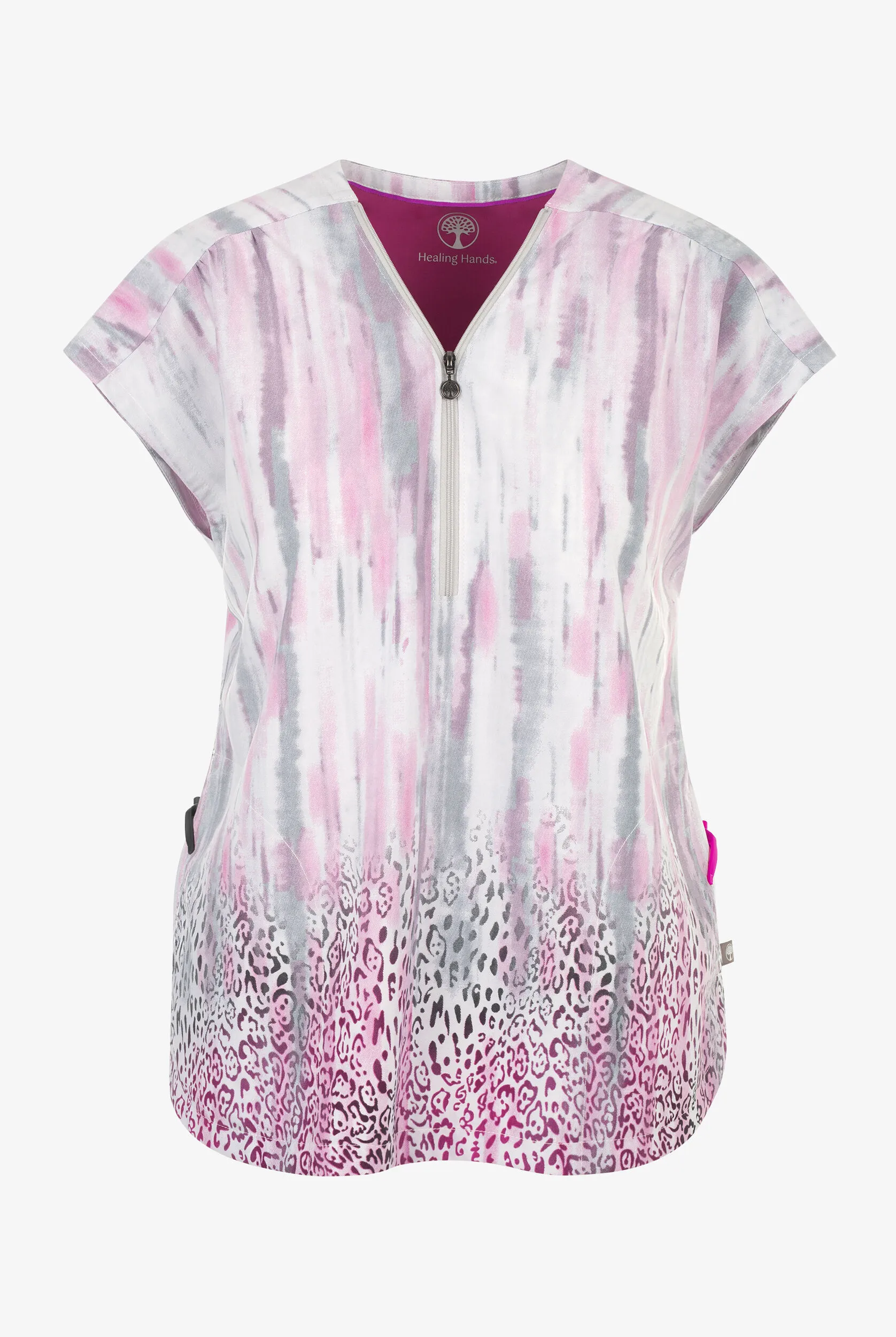 Blusa médica estampada Healing Hands Wild Vibes STRETCH con cremallera en el cuello y 2 bolsillos para mujer