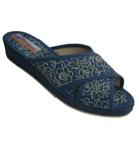 Chanclas mujer tiras crzadas con flores simulanda puntilla Soca en azul marino