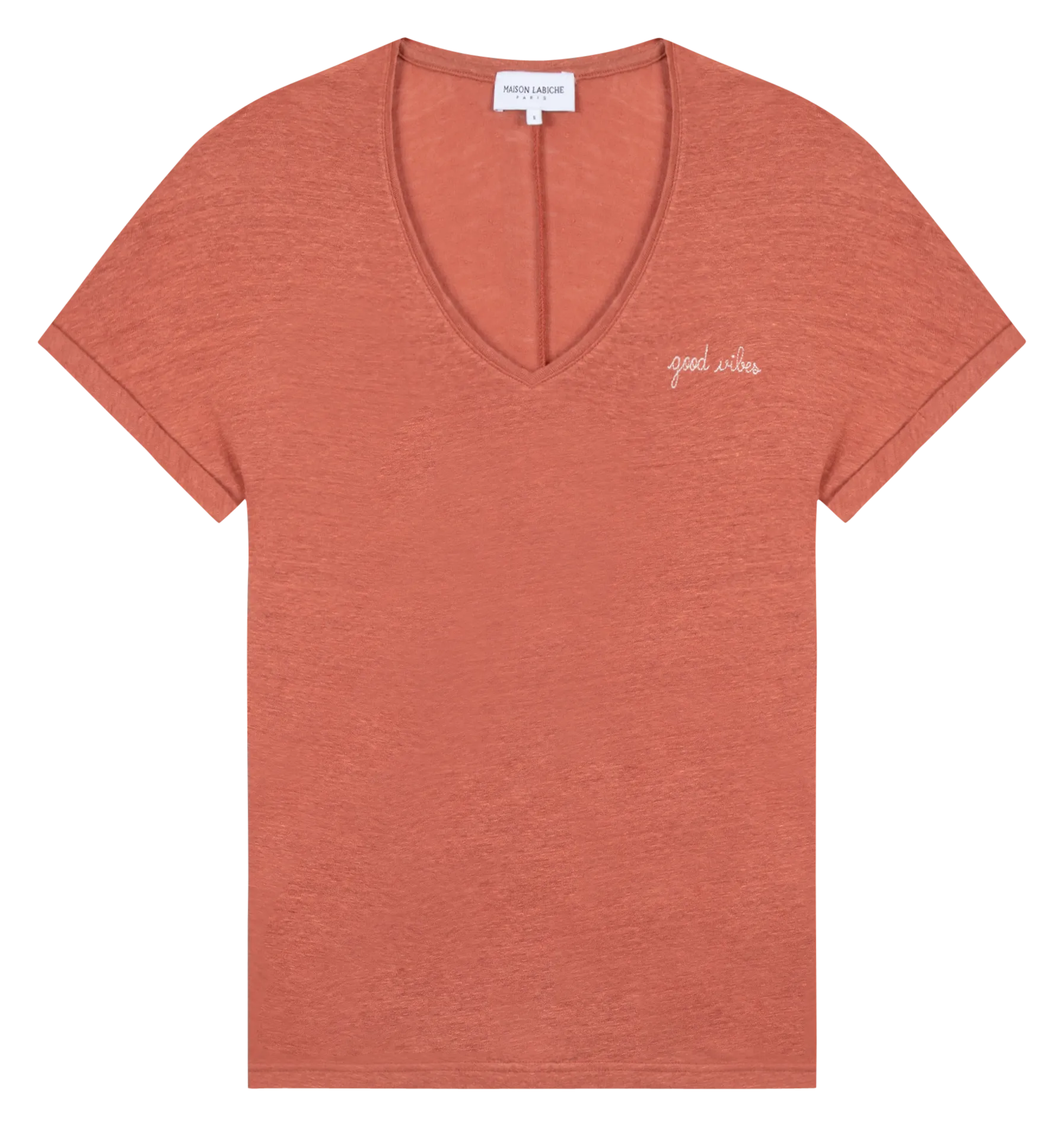 MAISON LABICHE CHATEAU GOOD VIBES - Camiseta holgada de lino con cuello de pico en naranja