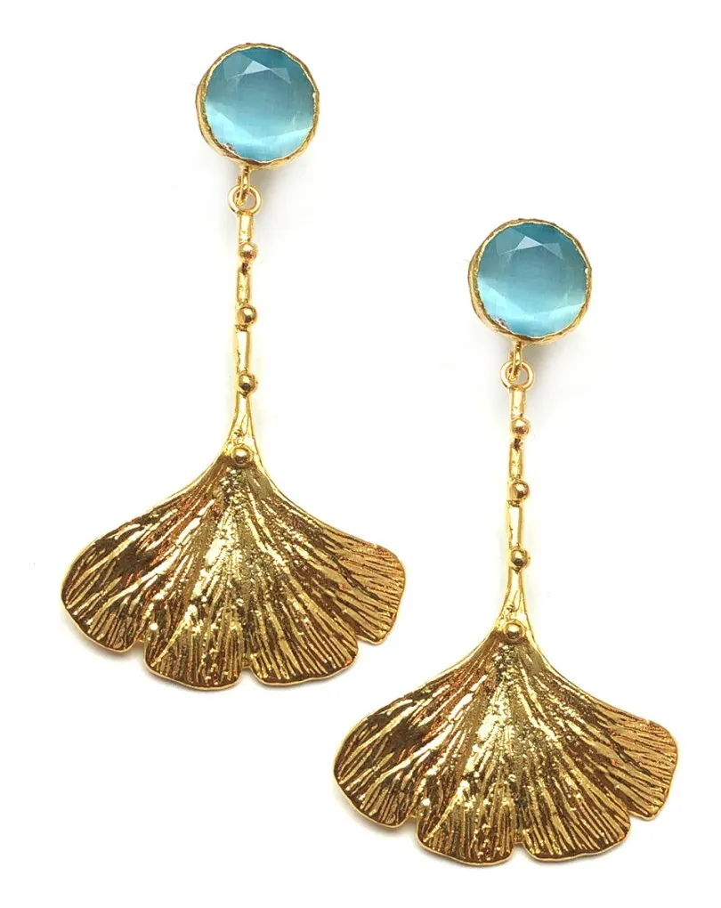 PENDIENTES DE MUJER DORADOS CON BAÑO DE ORO Y PIEDRAS AZUL CLARO