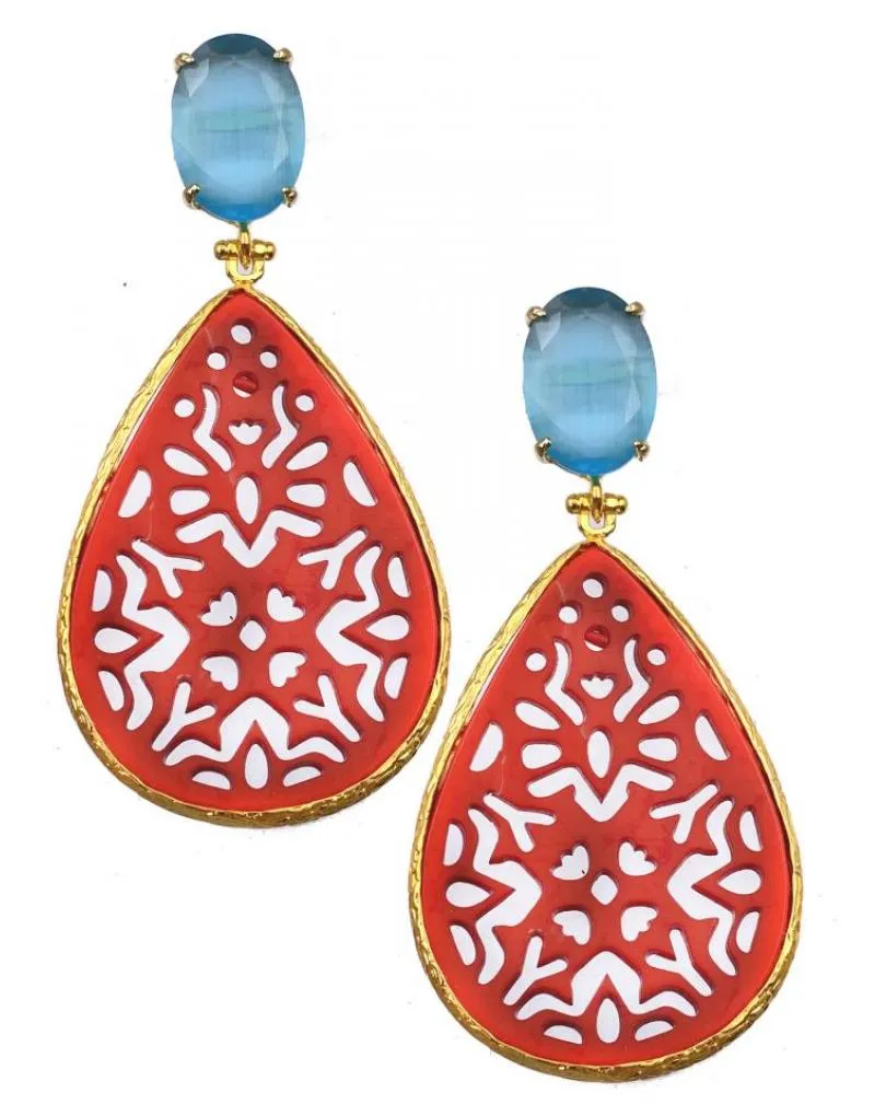 PENDIENTES LARGOS DE MUJER ROJOS Y AZULES CON PRECIOSA LAGRIMA TALLADA