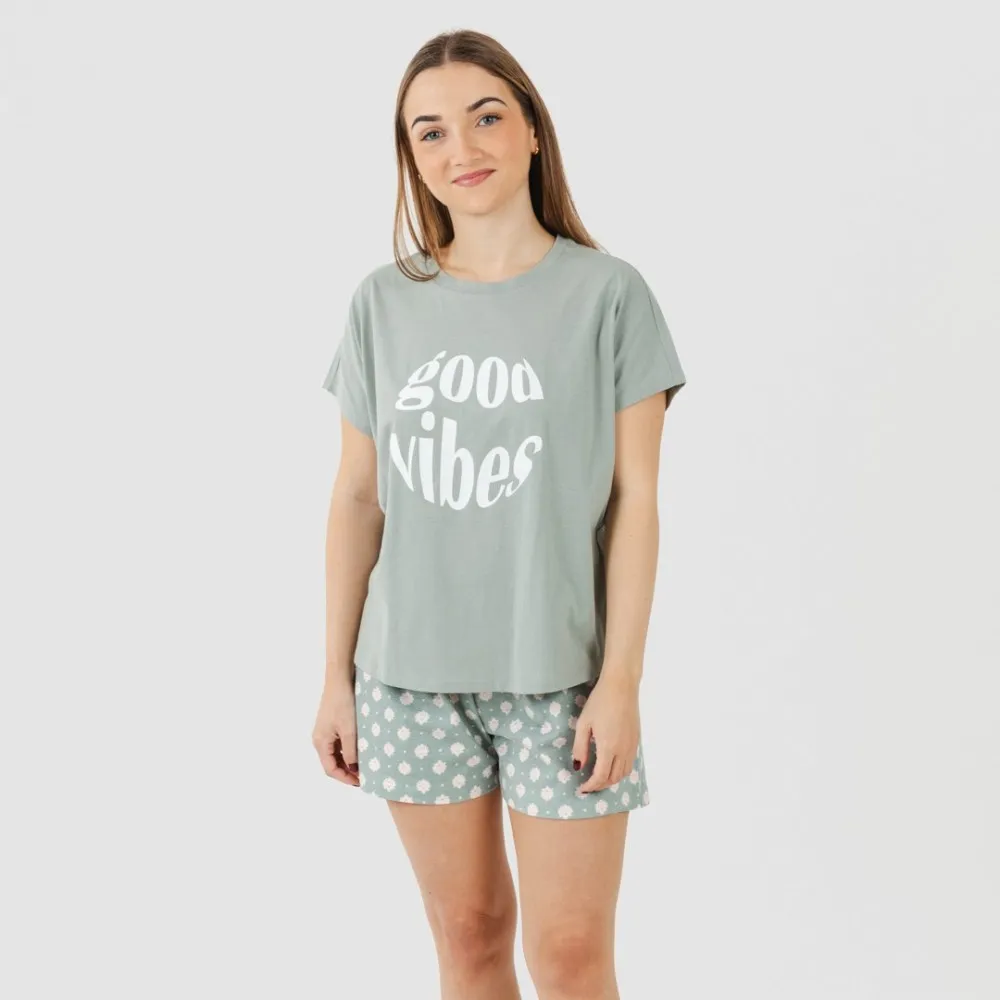 Pijama corto manga fluida algodón mujer Irati verde caceria