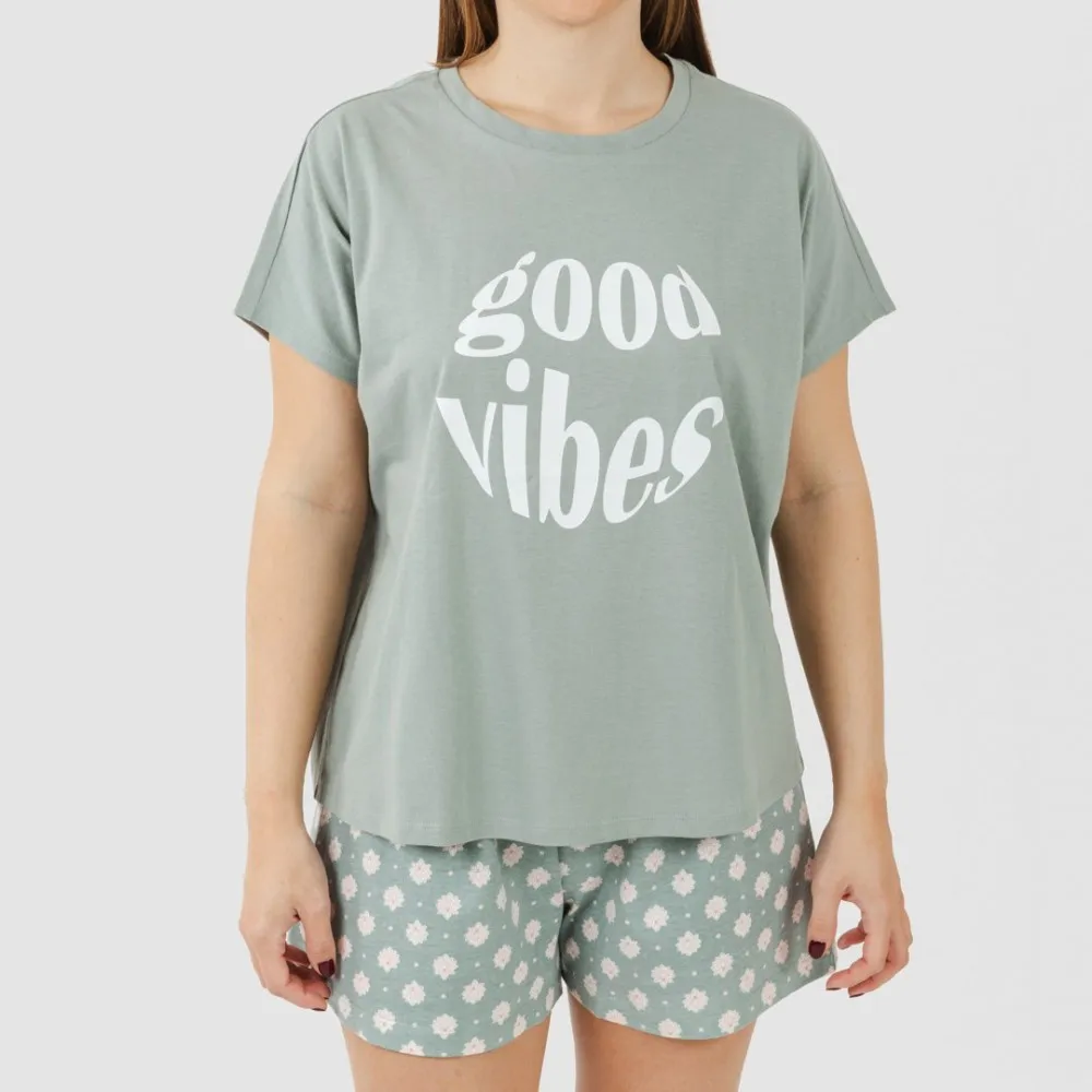 Pijama corto manga fluida algodón mujer Irati verde caceria