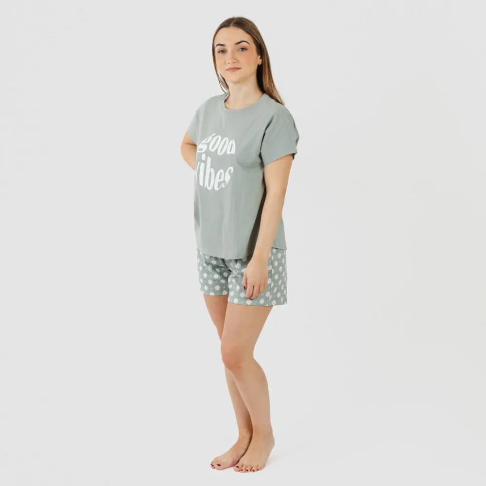 Pijama corto manga fluida algodón mujer Irati verde caceria