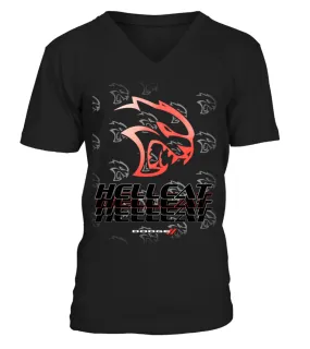 Red Dodge Hellcat Emblem &amp; Three Color Script BK Camiseta cuello en V Unisex