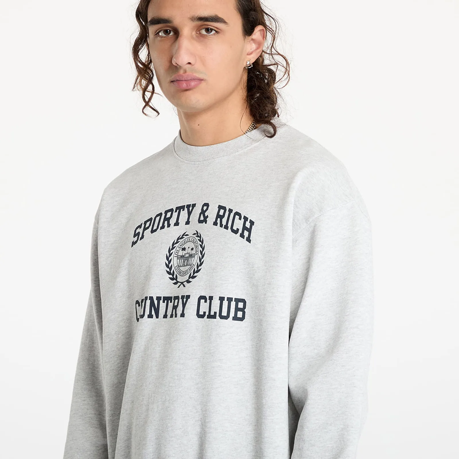 Sporty & Rich Varsity Crest Crewneck UNISEX Heather Gray/ Navy S