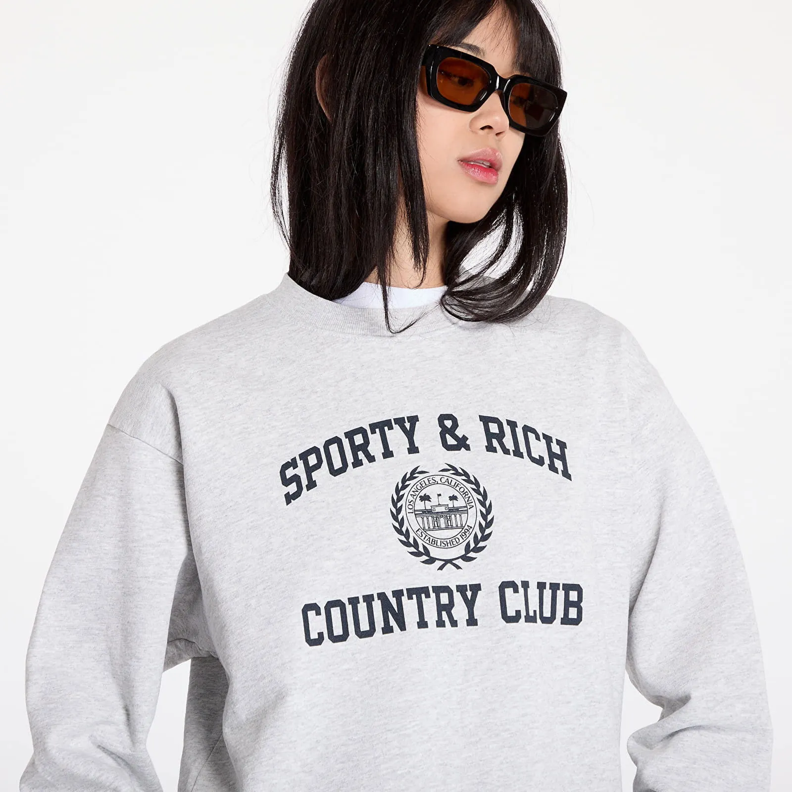 Sporty & Rich Varsity Crest Crewneck UNISEX Heather Gray/ Navy S