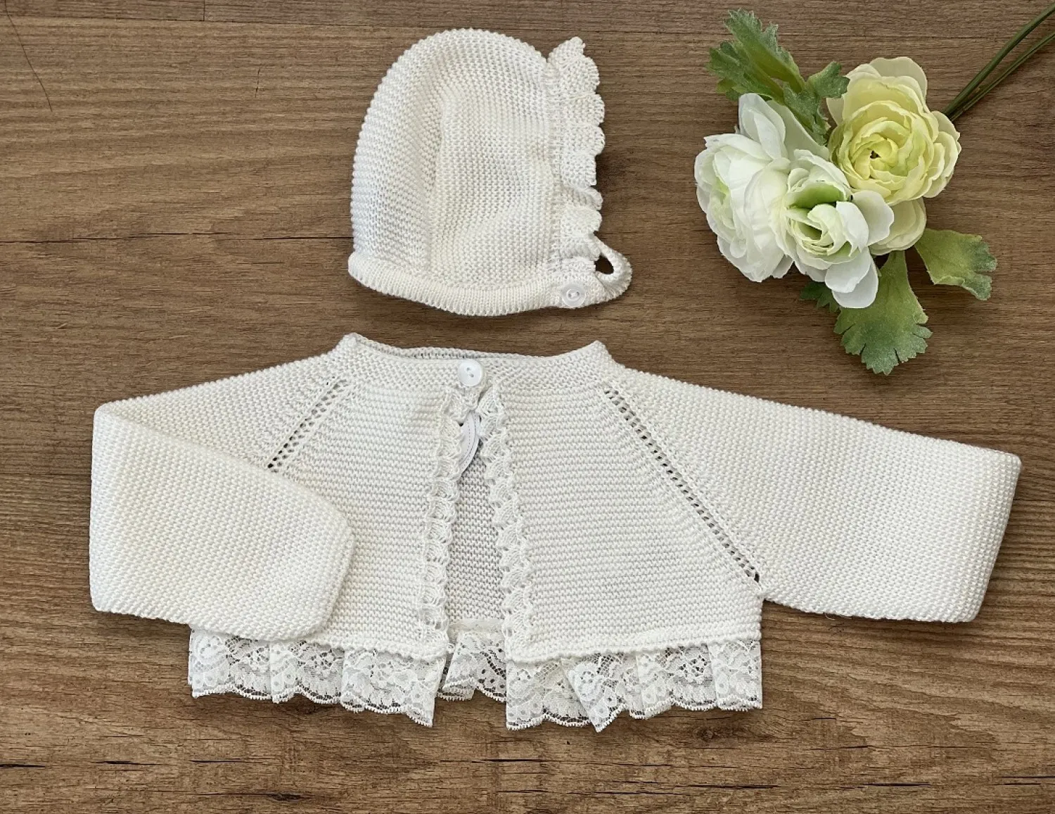 Unisex beige knit jacket and hood set